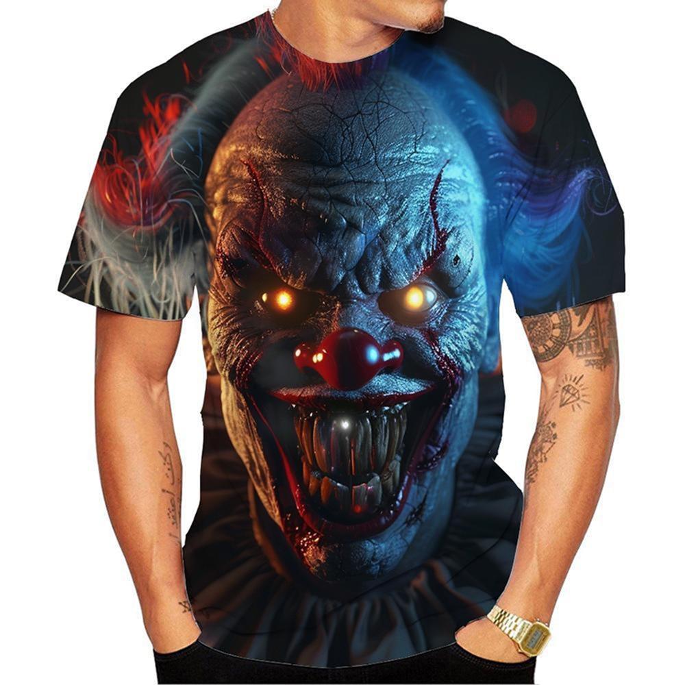 Modny męski T-shirt z drukiem 3D w wzór klauna, Modny Harajuku Alternatywna Osobowość Krótki rękaw Góra Zabawa na świeżym powietrzu Impreza Okrągły dekolt Streetwear