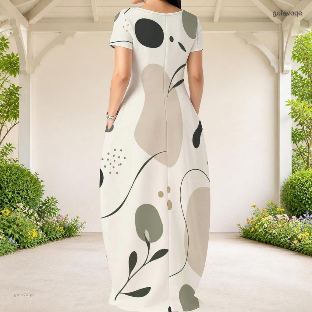 Women Plus Size Round Neck Short Sleeve Abstract Printed Loose Maxi Dress With Side Pockets