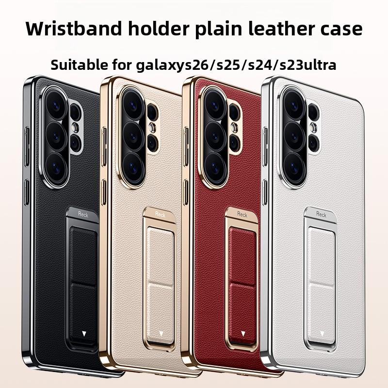 Luxury Business Leather Alloy Folding Stand Phone Case for Samsung S26 Ultra S25 S24 S23 Anti-fall Wrist Strap For Magsafe Cover