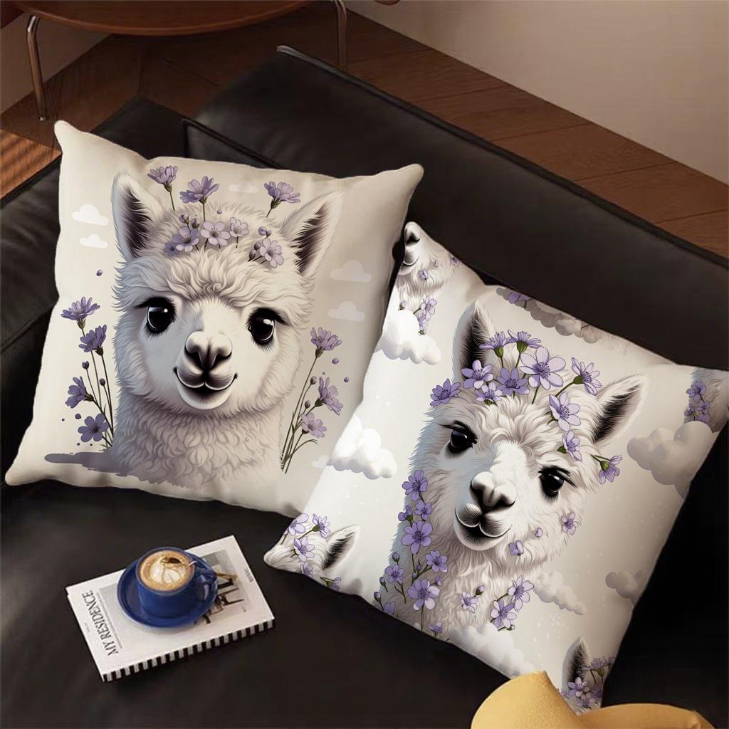 Cute Alpaca Purple Floral Print Throw Pillow Covers Pattern Cushion Cover Suitable For Sofa Bedroom Car Pillow Cover