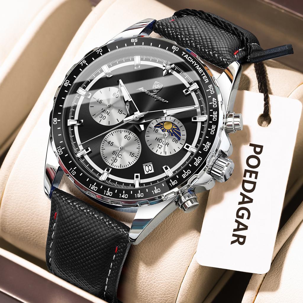 Mens Watches Multifunctional Chronograph Watch For Men 30M Waterproof Luminous Moon Phase Quartz Wristwatches Box