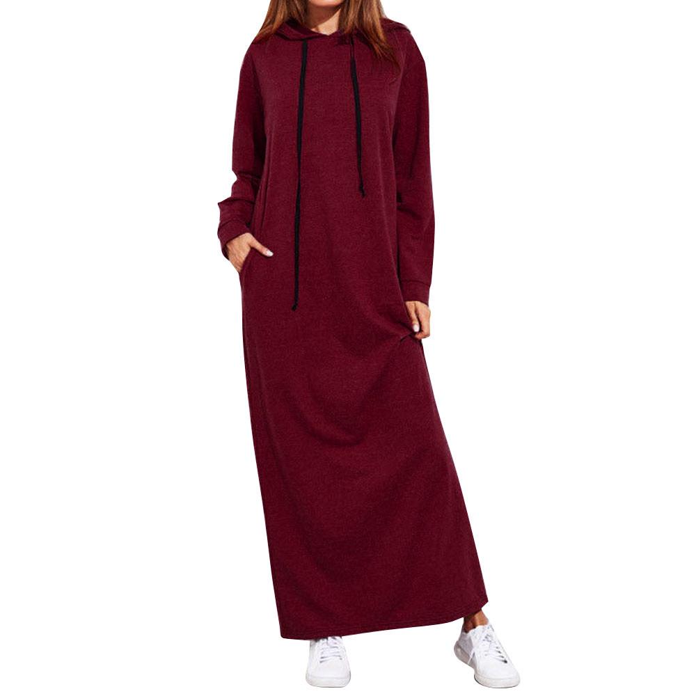 Women Maxi Dress Long Sleeve Hooded Ladies Casual Hoodies Long Dresses