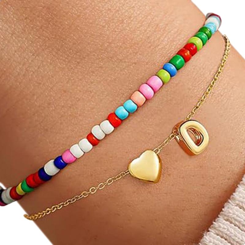 Double Layer Heart Beaded Bracelet Feature Initial Charm Letter Fashion Copper Jewelry Gift For Teen Girls Women