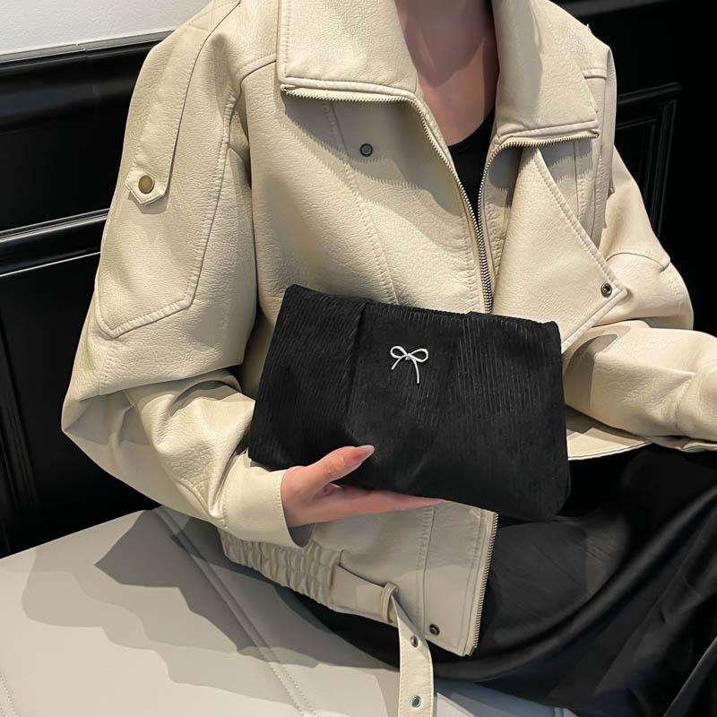 Yogodlns Fashionable Ins Embroidered Butterfly Knot Women's Clutch City Simple Style Corduroy Small Solid Color Purse