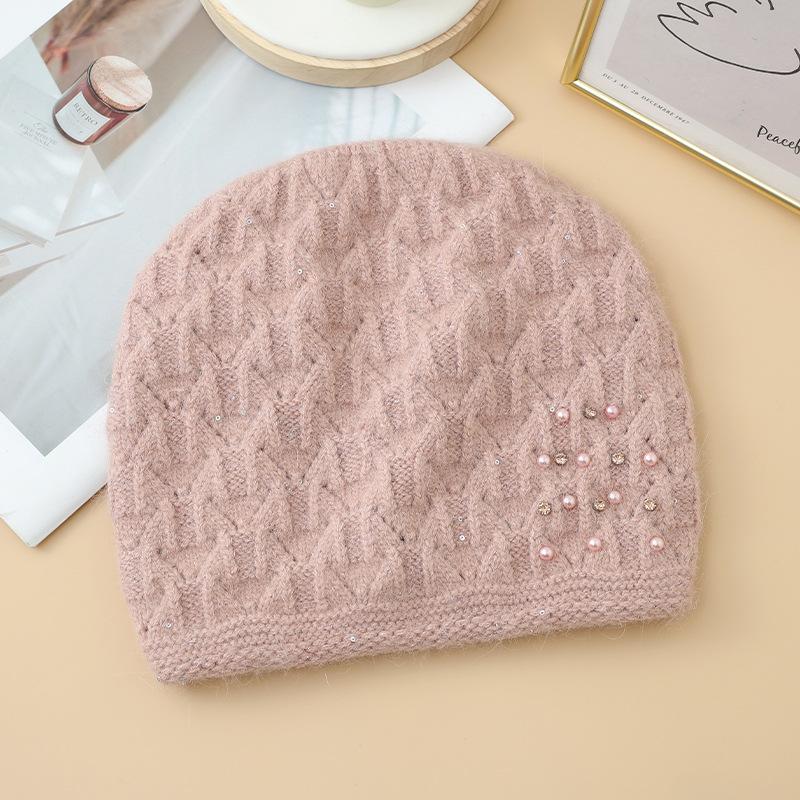 

Осенне-зимние шапки женские жемчужные яркие бриллианты высококачественные вязаные шапки модные универсальные с защитой ушей теплые шерстяные шапки One Size