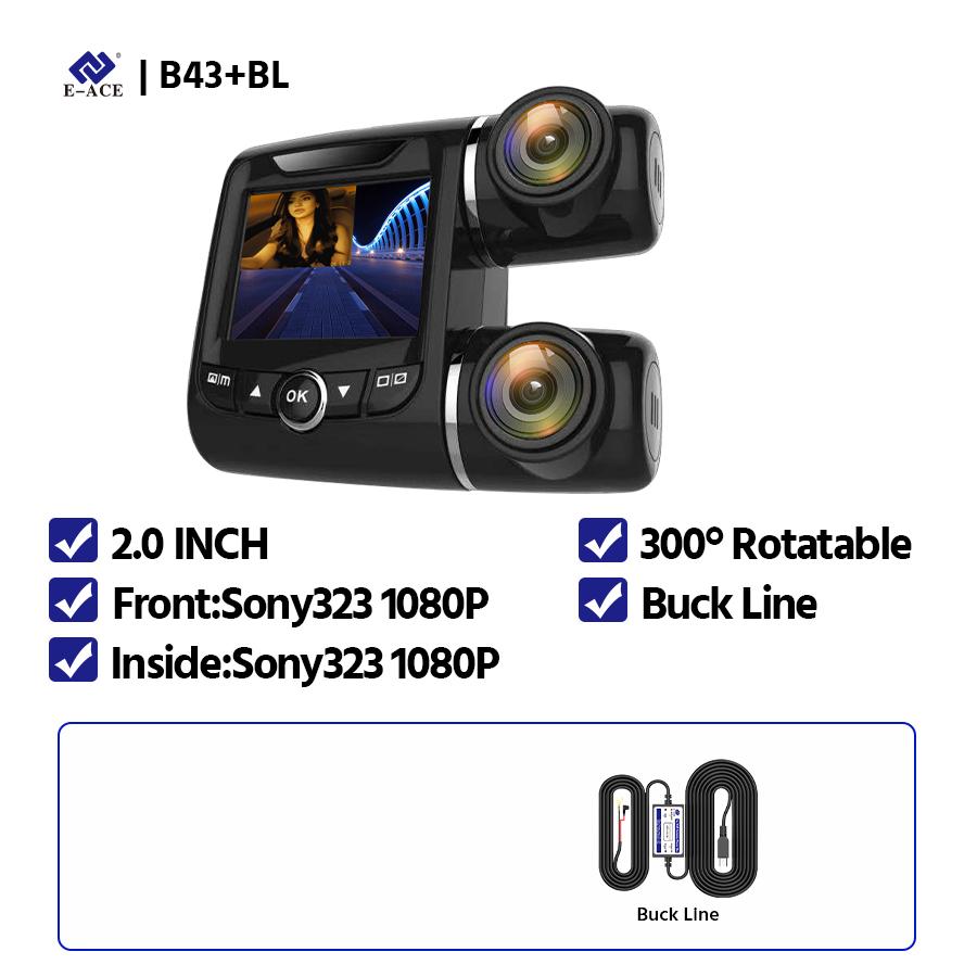 E-ACE B43 Car DVR Dash Camera Mini 2 Inch Dual Lens 1080P+1080P Night Vision Sony IMX323 Sensor Dash Cam Video Recorder Dashcam