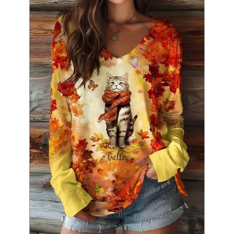 

Women s T-Shirts Floral Graphic Animal Cat Tee Fashion Stylish Long Sleeve T-shirts V-Neck Regular Tops Casual Pullover For Fall S