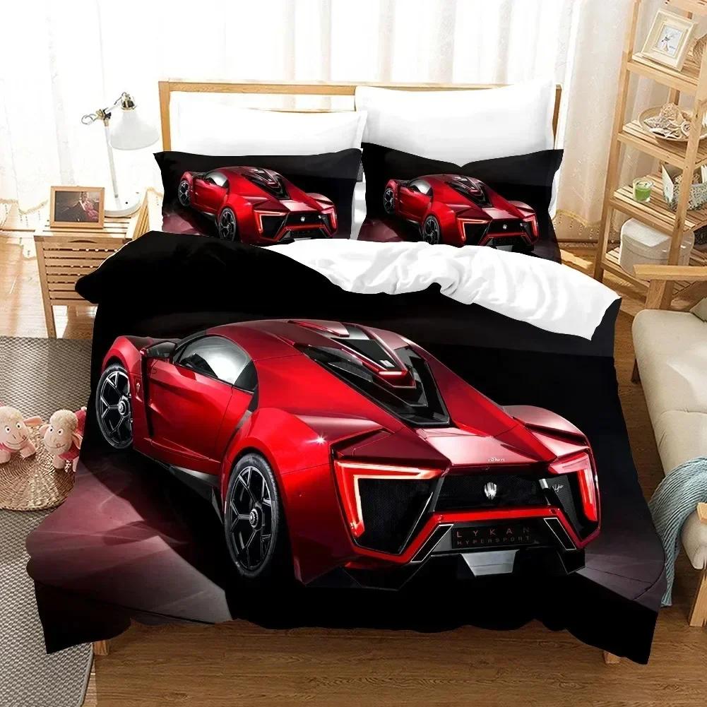 Sportwagen Bettbezug 3D Rennwagen Bedrucktes Bettwäscheset Queen King Size mit Zwei Kissenbezügen Herren Cool Polyester Für Bettdeckenbezug