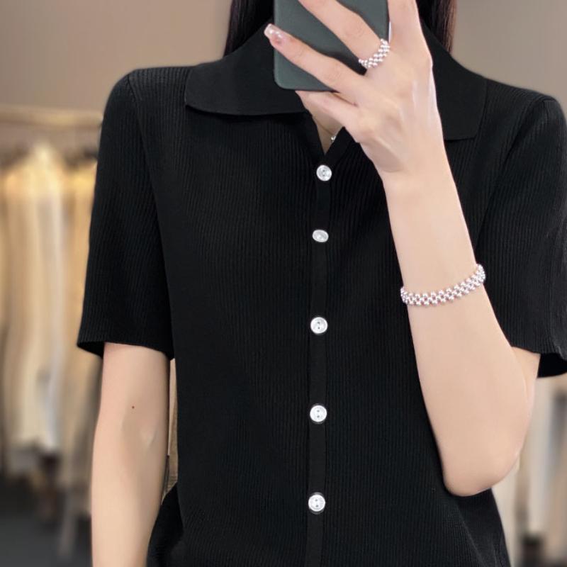 Polo Neck Ice Silk Short-sleeved T-shirt for Women In Summer New Loose and Slim and Fashionable Lapel T-shirt Thin Top