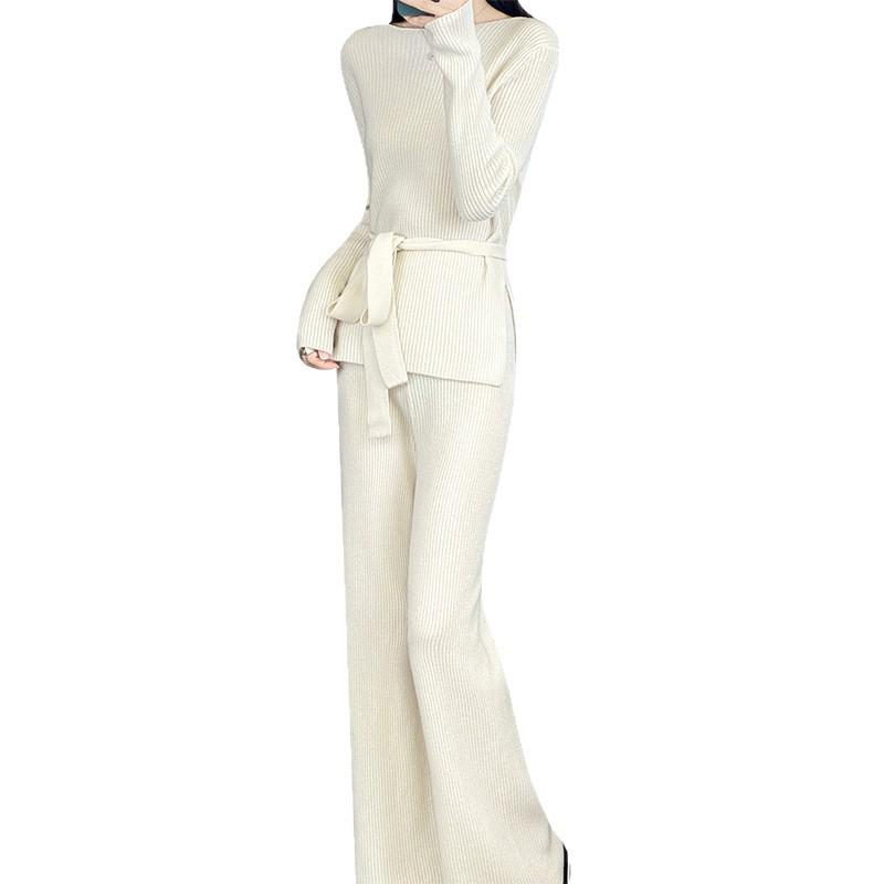 Chic Autumn/Winter Cashmere Two-Piece Set: Women's Loose Knit Sweater & Wide-Leg Tie-Waist Pants