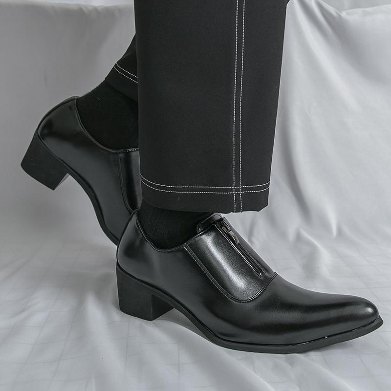 Men Loafers Leather Individuality Formal Business Zipper Shoes Pointed Toe Heel Wedding Dress Prom Shoes Over Sized