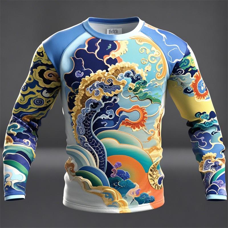 Novelty Men's Ukiyoe Long-sleeved T-shirt 3D Printing Retro Harajuku Pattern Printing Men Autumn Casual Round Neck Kids Clothes