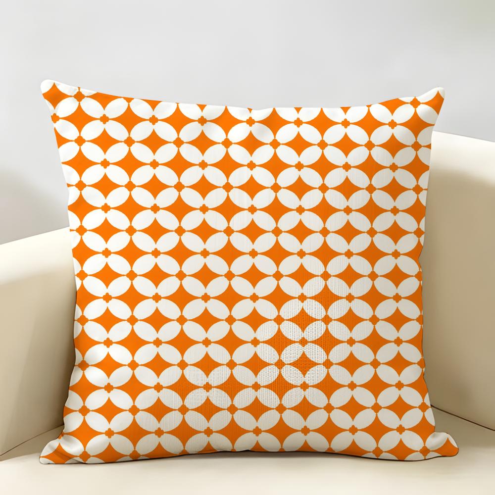 Orange Checkered Polka Dot Geometry Cushion Cover Natural Linen Organic Fabric Printing Breathable Perfect For Home Decor