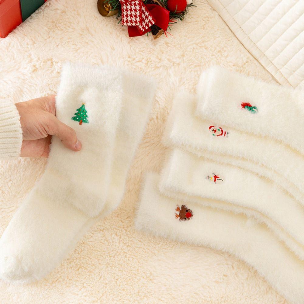 Winter Warm Christmas Pattern Socks Mink Velvet Xmas Tree Snowman Elk Socks