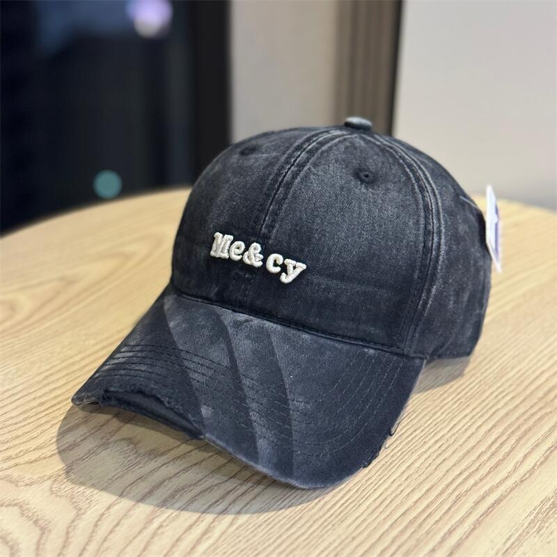 Fashion Hat Korean Style Washed Distressed Letter Embroidered Baseball Cap for Women, Large Head Wrap, Wide Brim, Big Face Flattering Duckbill Cap