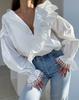 Women's Long Sleeve Blouse V Neck Ruffled Edges Lace Trimmed Shirt Elegant Patchwork Design Lightweight Fabric Suitable for Spring