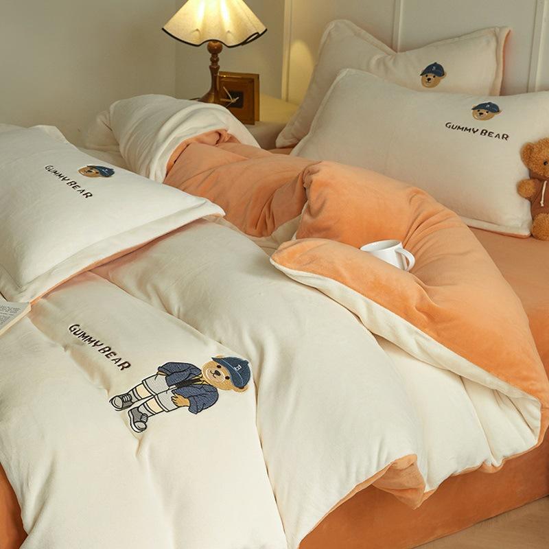 Thickened Milk Fleece Four-Piece Children'S Coral Flannel Quilt Cover, Bed Sheet Fleece Embroidery Bedding
