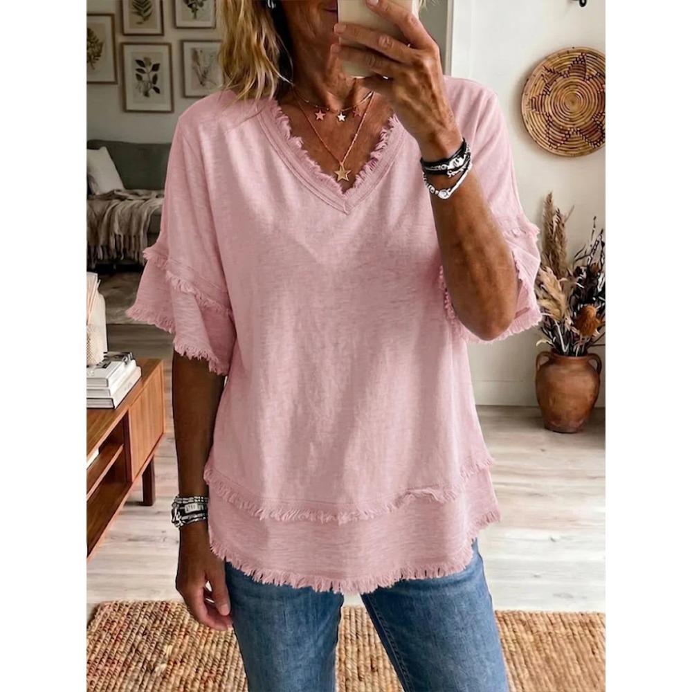 Women V Neck Pullover Short Sleeve Blouse Loose Fit Casual Daily Tops S розовый