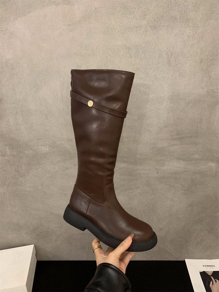 Thick-soled Small Man Black Medium Tube Knight Boots Women's Shoes 2025 New Spring, Autumn and Winter Thin Version Long Tube Long Boots