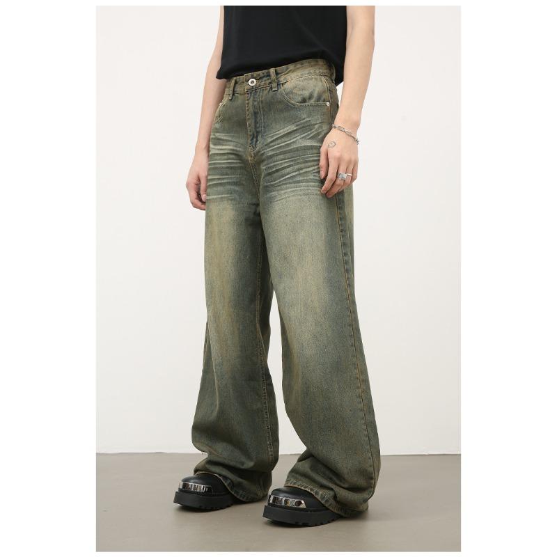 Long Trousers Vintage Green Washed Jeans Men's Sagging Loose Straight Wide-leg Pants Straight Loose Jeans for Men Fashionable and Comfortable Pants