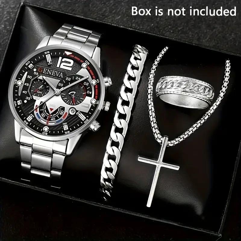 4pcs Luxury Men Business Quartz Watch Gold Roman with Calendar Wrist Watch Cross Necklace Bracelet Ring Set Men's Gift NO BOX