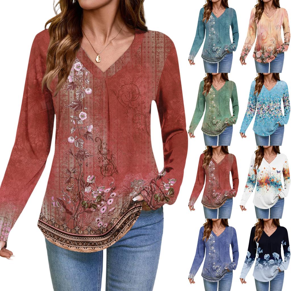 Women Long Sleeve Tops Dressy Casual V Neck Tshirts Basics Tee Vacation Fall Fashion Clothes