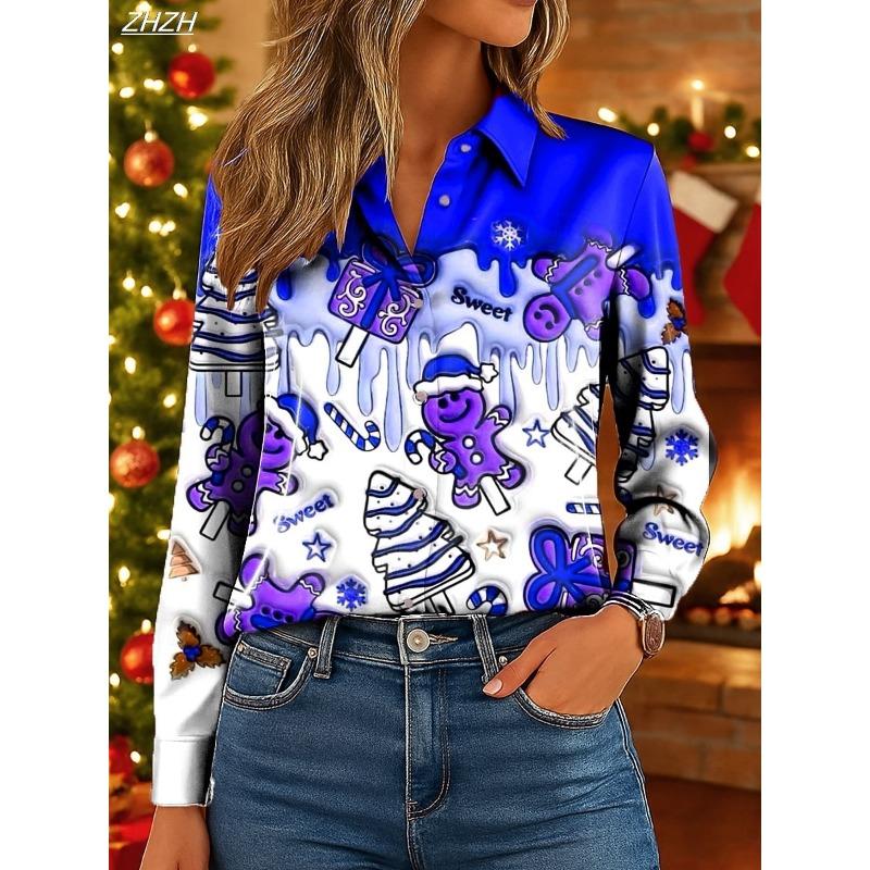 Christmas Women's Shirt Graphic Snowman Elegant Vintage Tropical Long Sleeve Shirt Collar Regular Tops Daily Holiday Fall Winter