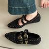 Retro Pointed One-word Buckle Mary Jane Shoes Autumn Fashion French Design Sense Rivet Wedge Single Shoes Women's Shoes