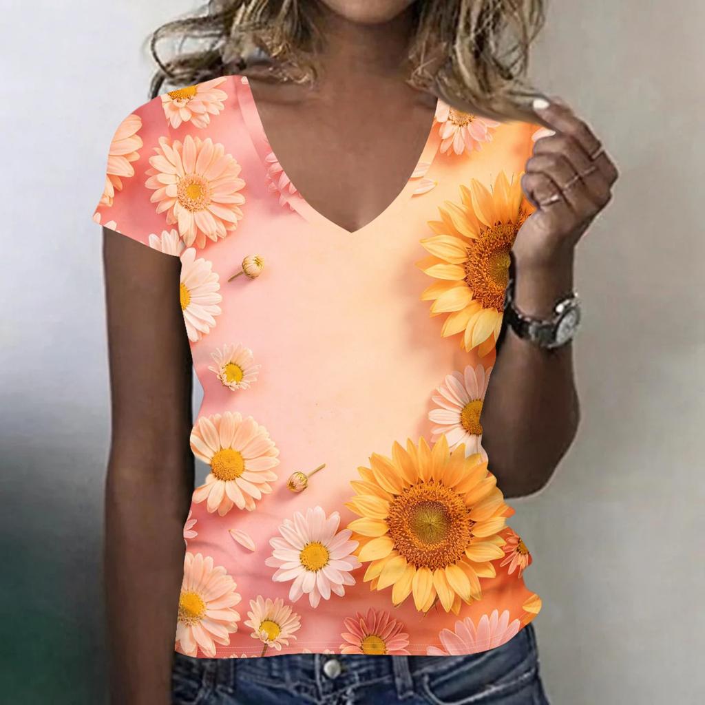 Women's Casual V Neck Short Sleeve Floral Print T Shirt Top Lightweight Comfortable Summer Tee with Daisy Pattern