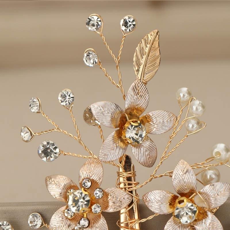 Gold Flowers Bridal Bride Wedding Hair Jewelry Accessories Retro Handmade Simulation Pearl Hairclip