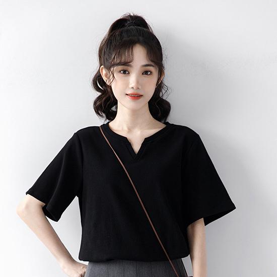 Summer Solid Color Casual Versatile Short Sleeve Women's Loose Style V-Neck T-shirt Commuter Top Fashion Women's Wear