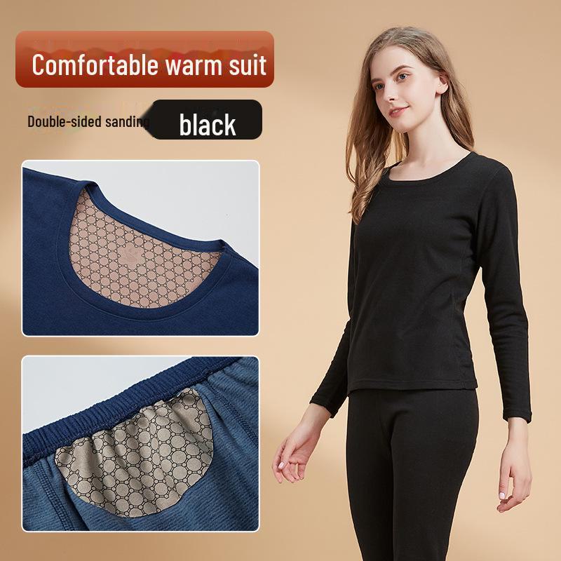 "Men's Black & Gold Patch Thermal Set: Velvet-Lined Autumn/Winter Underwear"