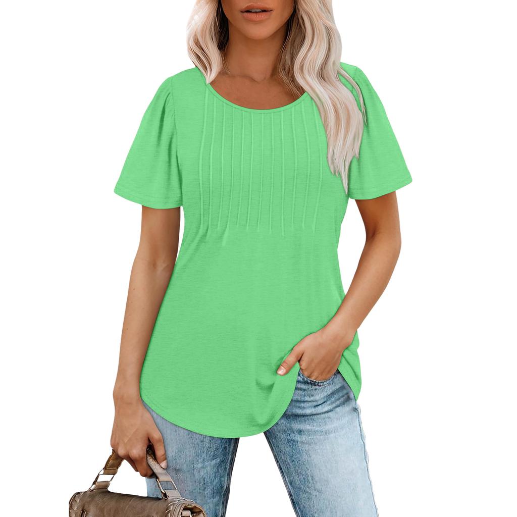 Women Short Sleeve Pleated T Shirt Casual Loose Fit Crew Neck Ruched Top Soft Lightweight Blouse for Daily Wear Office School