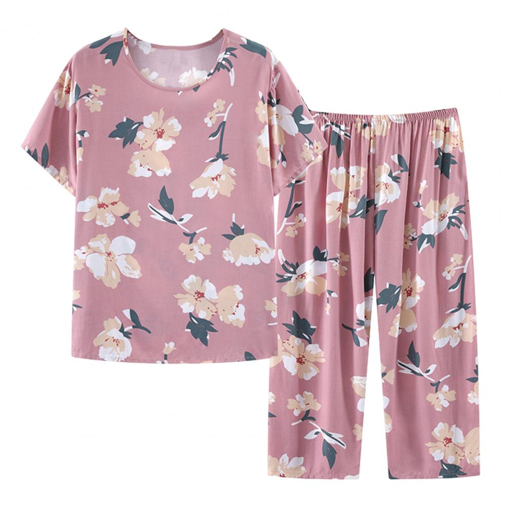 2 Pcs/Set Women Pajamas Set Mid-aged Flower Print Pleated O Neck Short Sleeve Pajama Wide Leg Sleepwear Pants Set