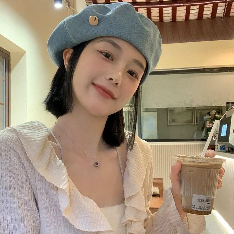 Octagonal Denim Beret Women's Autumn Hat Nostalgic Retro Big Head Circumference Summer Showing Face Small Painter Hat High Sense