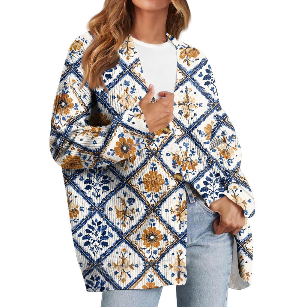 Women's Fashion Long Sleeve Print V-Neck Button Loose Cardigan Top
