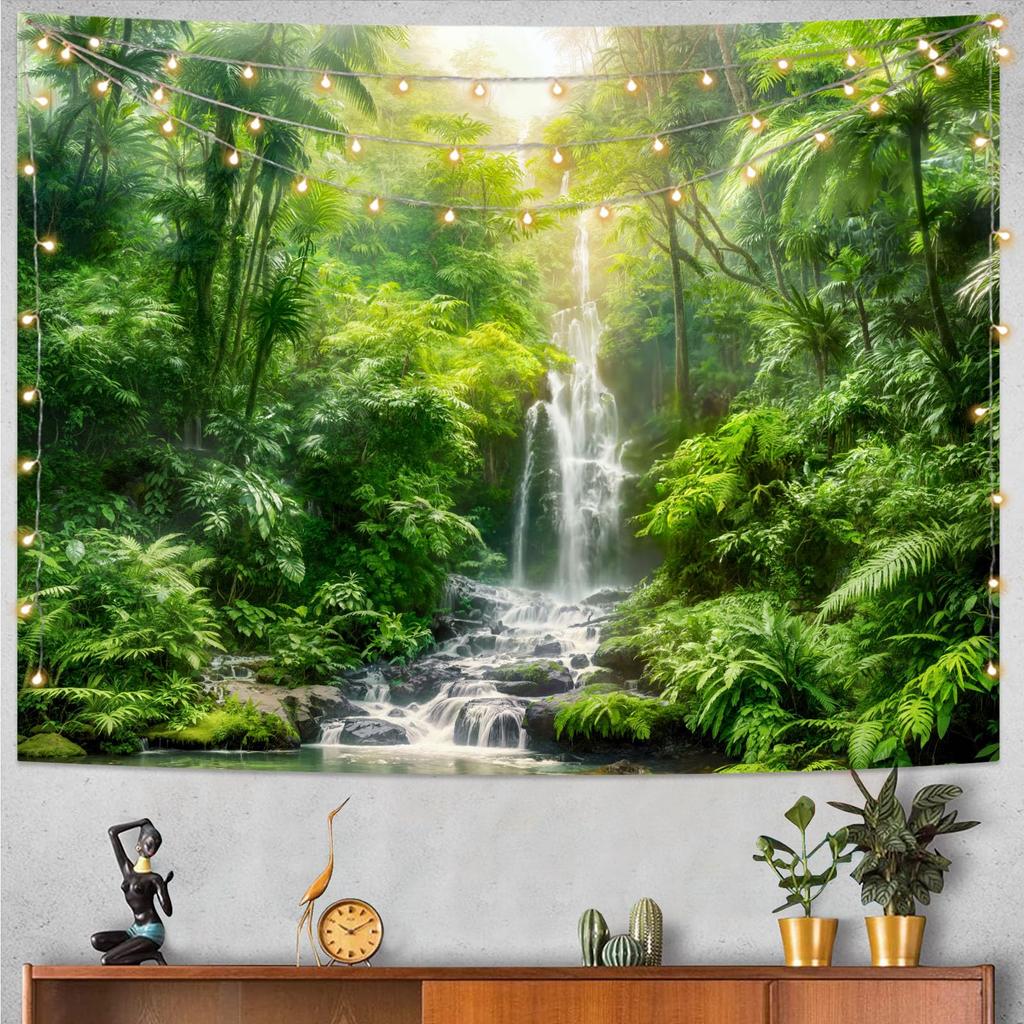 Misty Forest Tapestry, Serene Pine Trees With Sunbeams And Snowy Mountain Wall Art For Nature Lovers And Calm Room Decor
