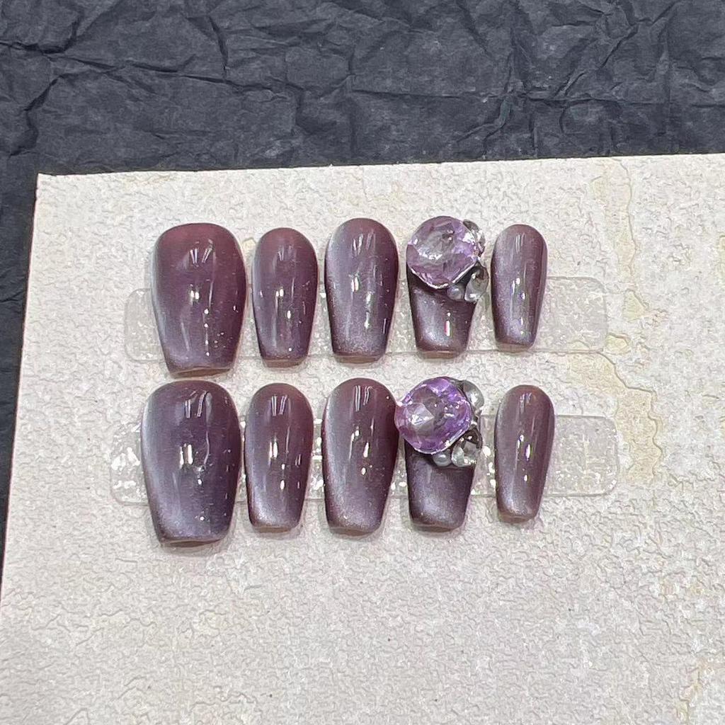 Wearing Armor Handmade Manicure Finished Fake Nail Patch Pure Desire Purple Cat Eye Flash Diamond