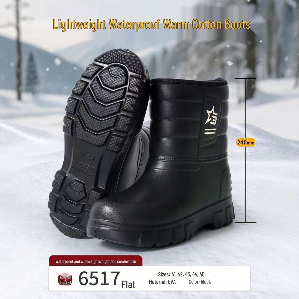 Pánské zimní sněhule s fleecovou podšívkou: Teplé, Nepromokavé, Protiskluzové, Lehké, Pohodlné bavlněné boty se stahovací šňůrkou na ryby