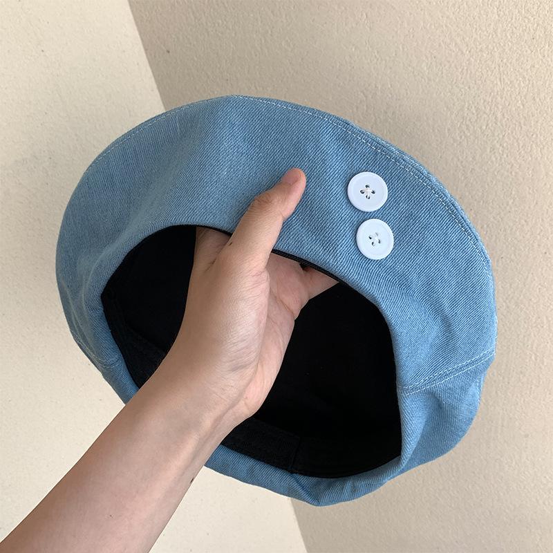 Cowboy Beret Women's Korean Style All Match Button Bud Painter's Hat Big Head Circumference Hat Showing Face and Trendy