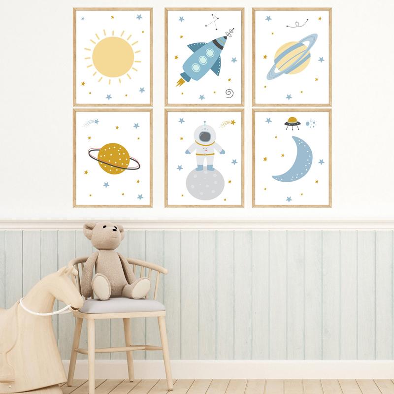 Cartoon Moon Planet And Prints Sun Rocket Poster Canvas Prints Children's Room Wall Art Decoration Pictures Children's Room Art No Frame