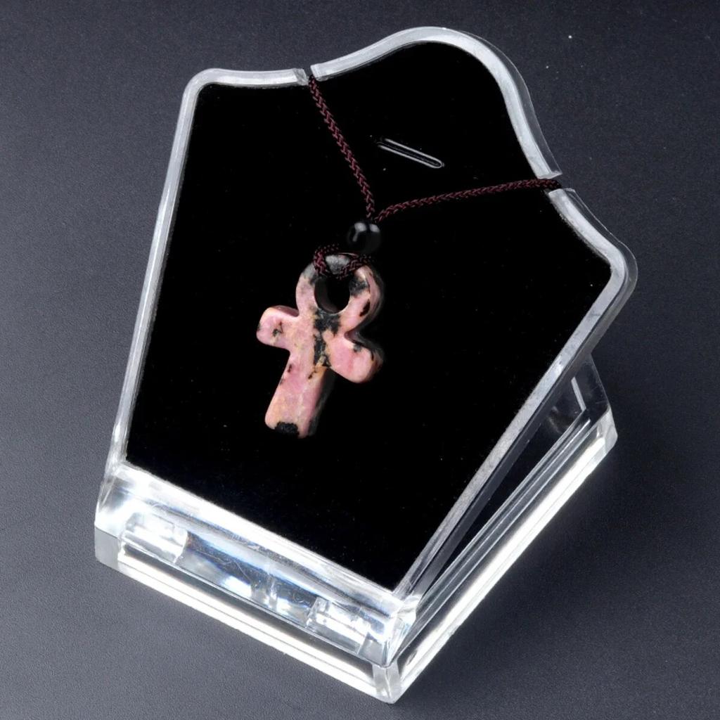 AnKa náhrdelník z přírodního kamene křišťálové acháty Crux Ansata křížový přívěsek pro ženy dárkový řetízek k narozeninám 32cm