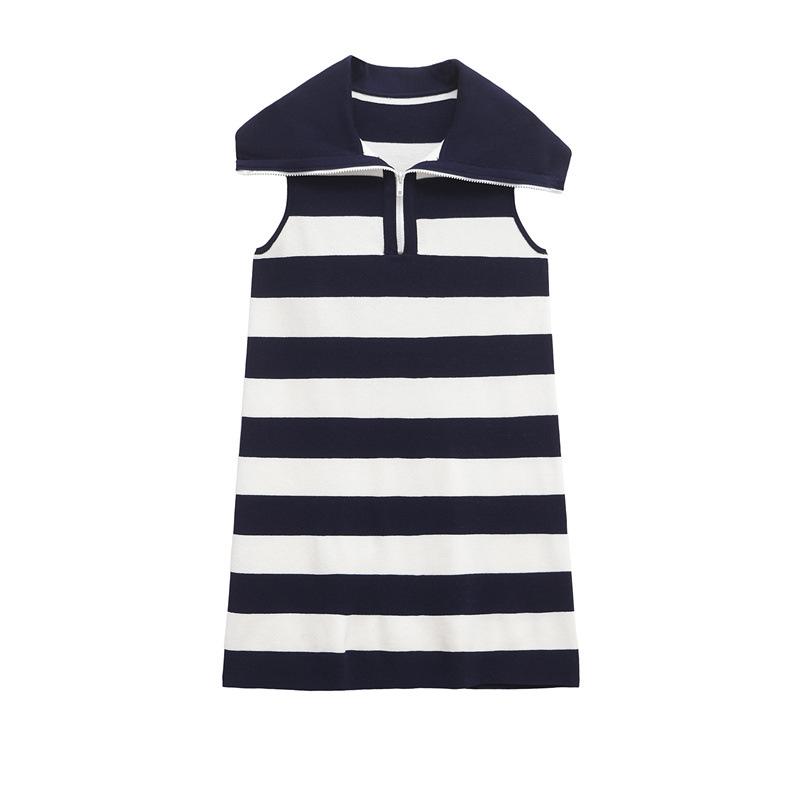 

2026 New Women s European & American Style Striped Sleeveless Knit Lapel Dress Small