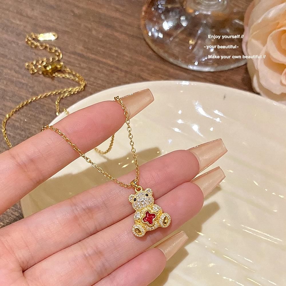 Charming Bear and Clover Pendant Necklace - Sparkling Diamond Micro-Set for Women, Gentle Style Clavicle Chain