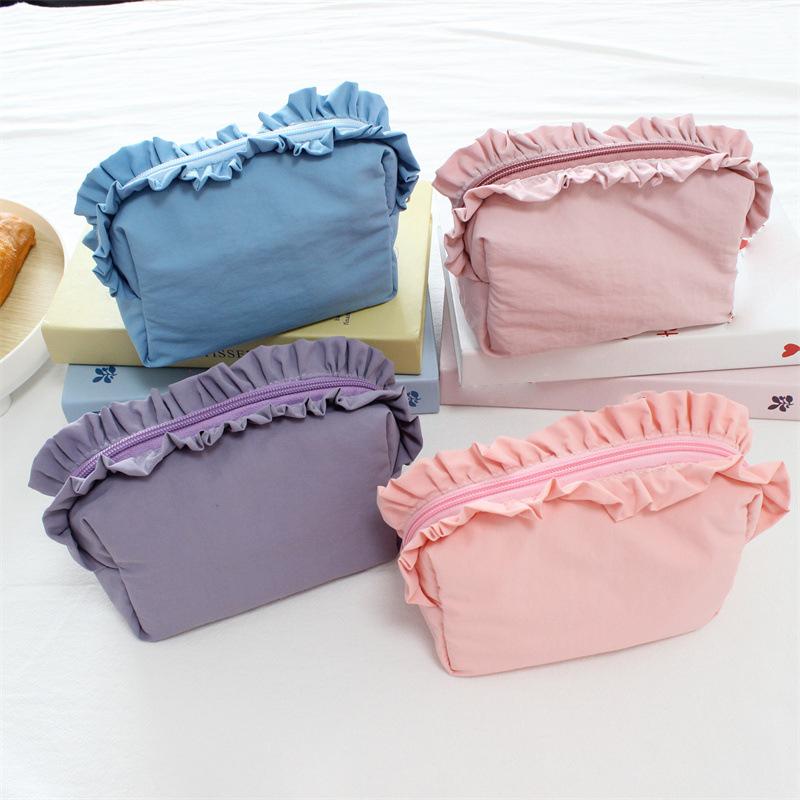 Ruffle Cosmetic Bag Multi-Color Cute Makeup Pouch Zipper Travel Portable Toiletry Organizer Bag For Women Girls