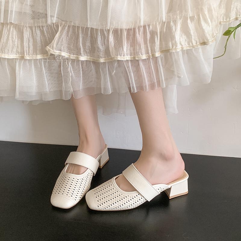 French Retro Temperament Baotou Sandals Women's Summer Square Toe Shallow Mouth Versatile Block Heel Half Slip Outside Shoes