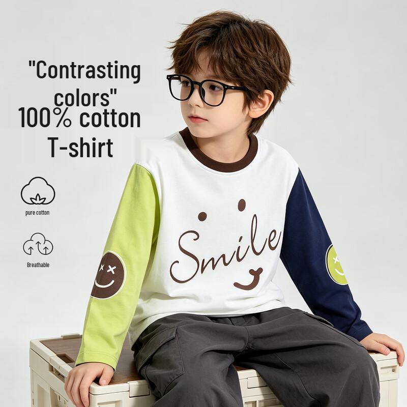 Boys' Smile Graphic Contrast Cotton Long-Sleeve T-Shirt