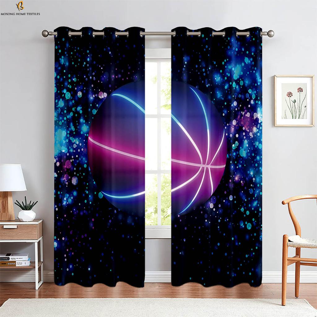 2-delade Flamma Basketboll 3D-tryckta Gardiner Polyesterfiber Maskintvättbara Sovrum Vardagsrum Kök Dekorativa Gardiner