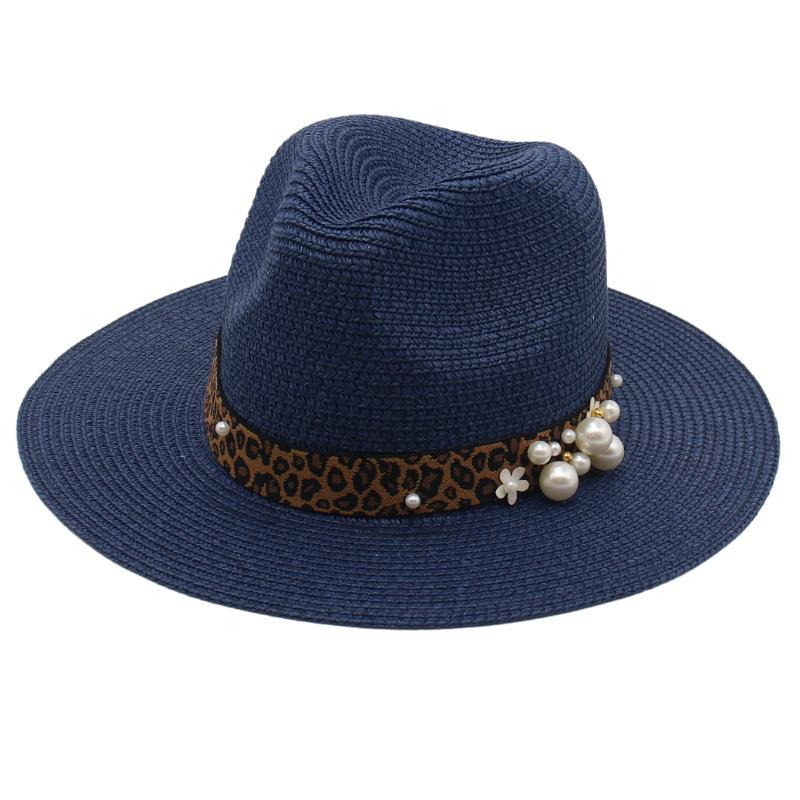 Spring And Summer 2022 New Panama Straw Hat Leopard Print Pearl Top Hat Men And Women Elegant Foldable Jazz Hat