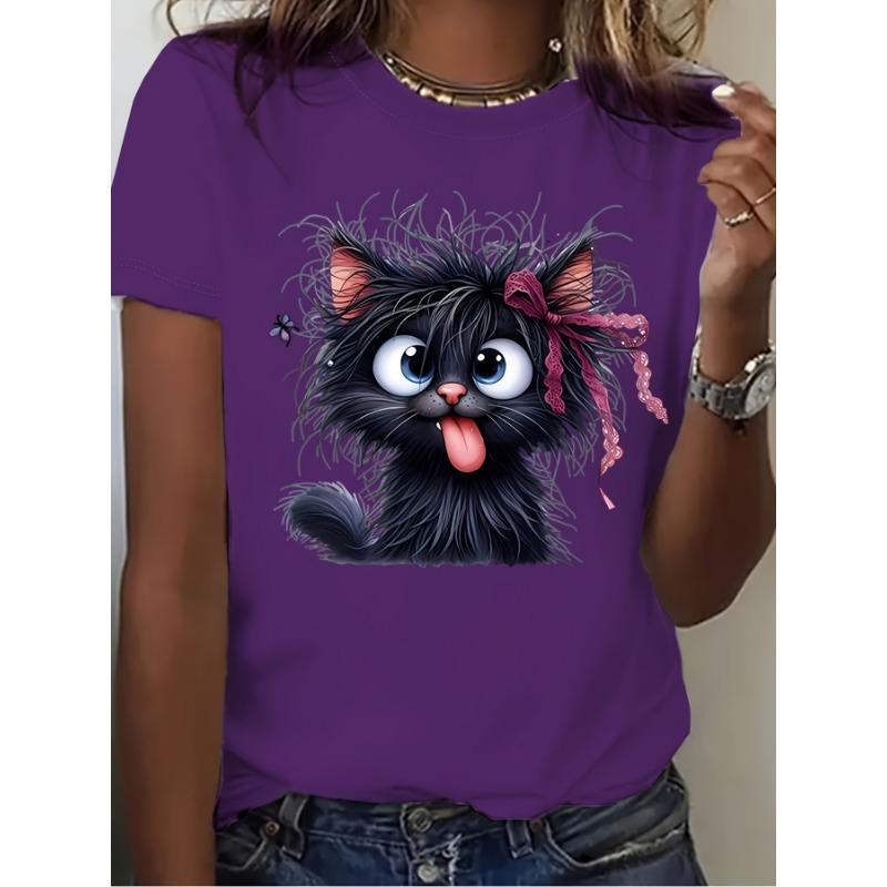Fluffy Black Cat Women's Tee - Cute Cartoon Graphic, Playful Feline Print for Casual Daily Wear